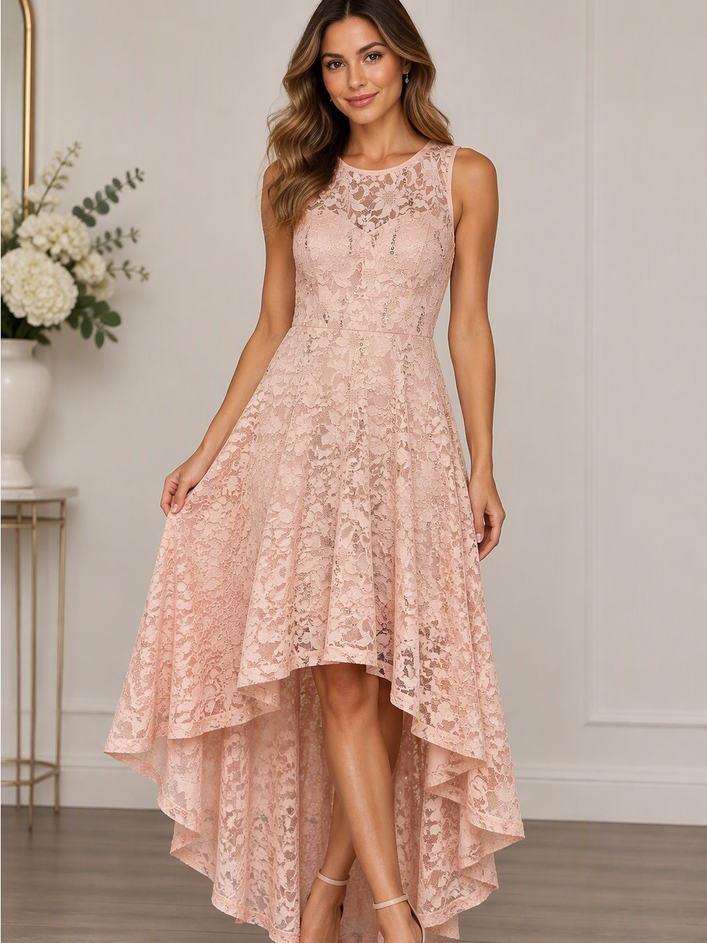 Suzy Shier Blush Pink Lace High-Low Dress with Sequin Accents